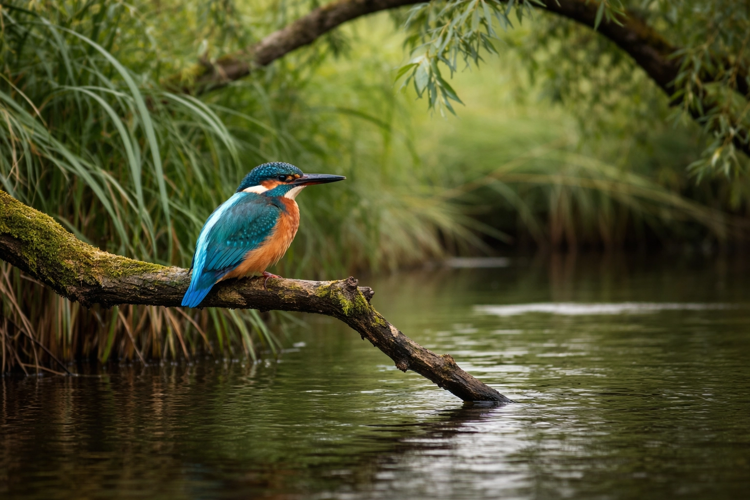 IJsvogel op een tak boven het water in de Biesbosch