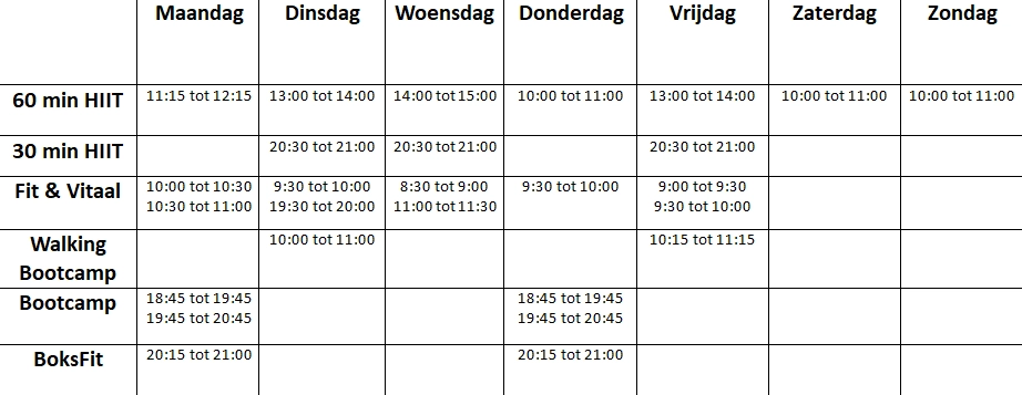 Groepslesrooster Fysio Boekel
