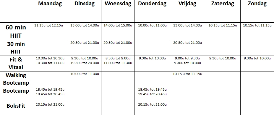 Groepslesrooster Fysio Boekel
