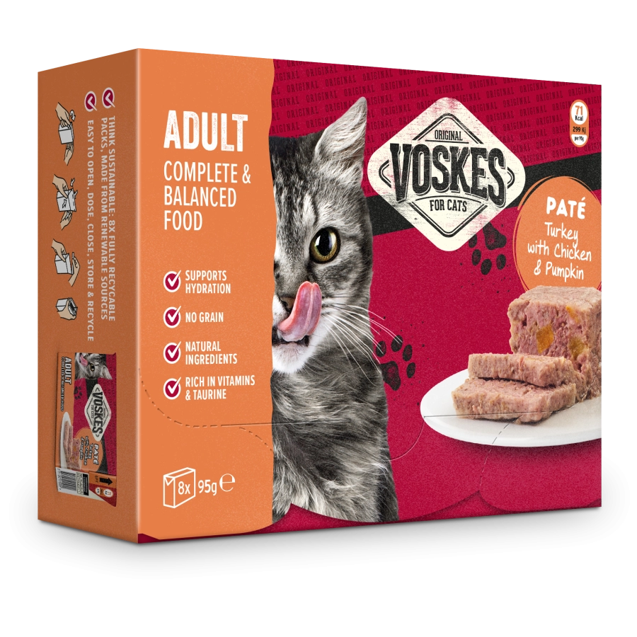 ADULT - PATÉ KALKOEN MET KIP & POMPOEN (8 X 95G) | ADULT - PATÉ TURKEY WITH CHICKEN & PUMPKIN | VOSKES