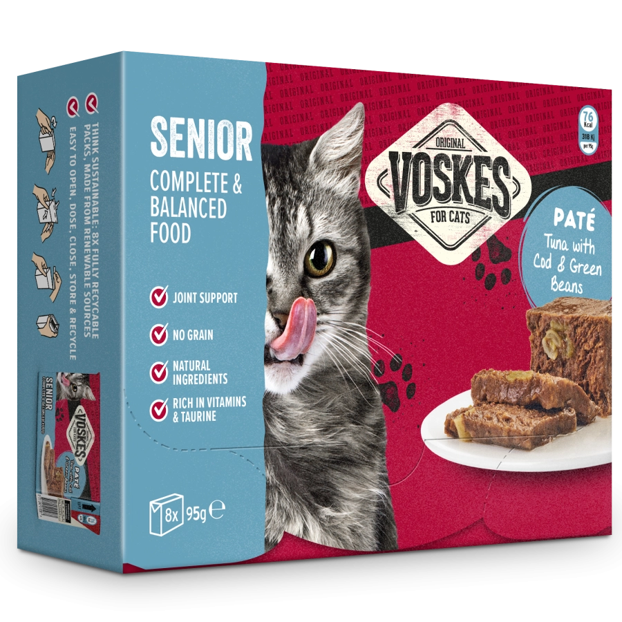 SENIOR - PATÉ TUNA WITH COD & GREEN BEANS (8 X 95G) |  | VOSKES
