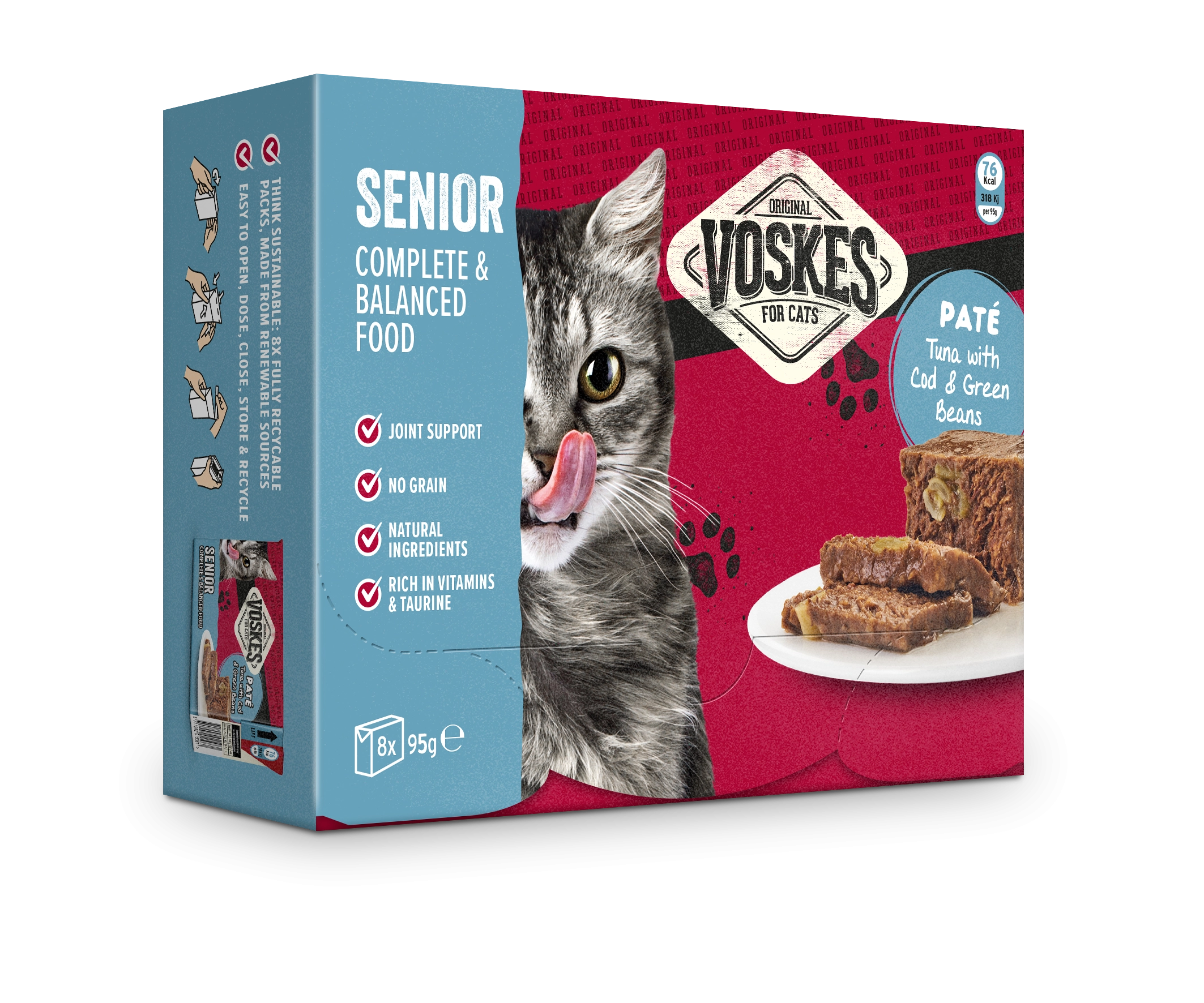 SENIOR - PATÉ TUNA WITH COD & GREEN BEANS (8 X 95G) |  | VOSKES