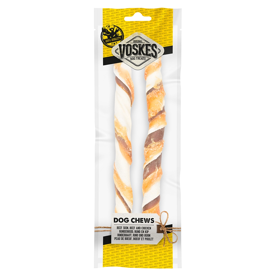 RAWHIDE STICKS WITH BEEF & CHICKEN 25CM - 2PCS  | Kauwsticks hond | Voskes Treats | VOSKES