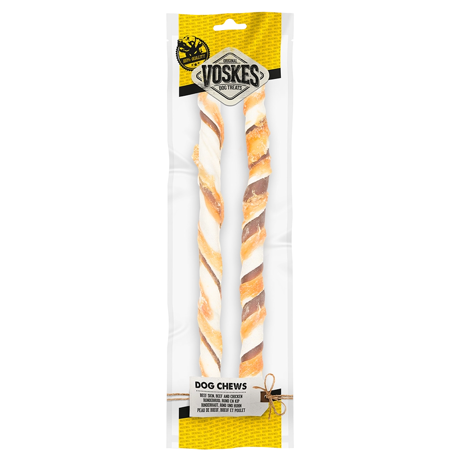 RAWHIDE STICKS WITH BEEF & CHICKEN 40CM - 2PCS | Kauwsticks hond | Voskes Treats | VOSKES