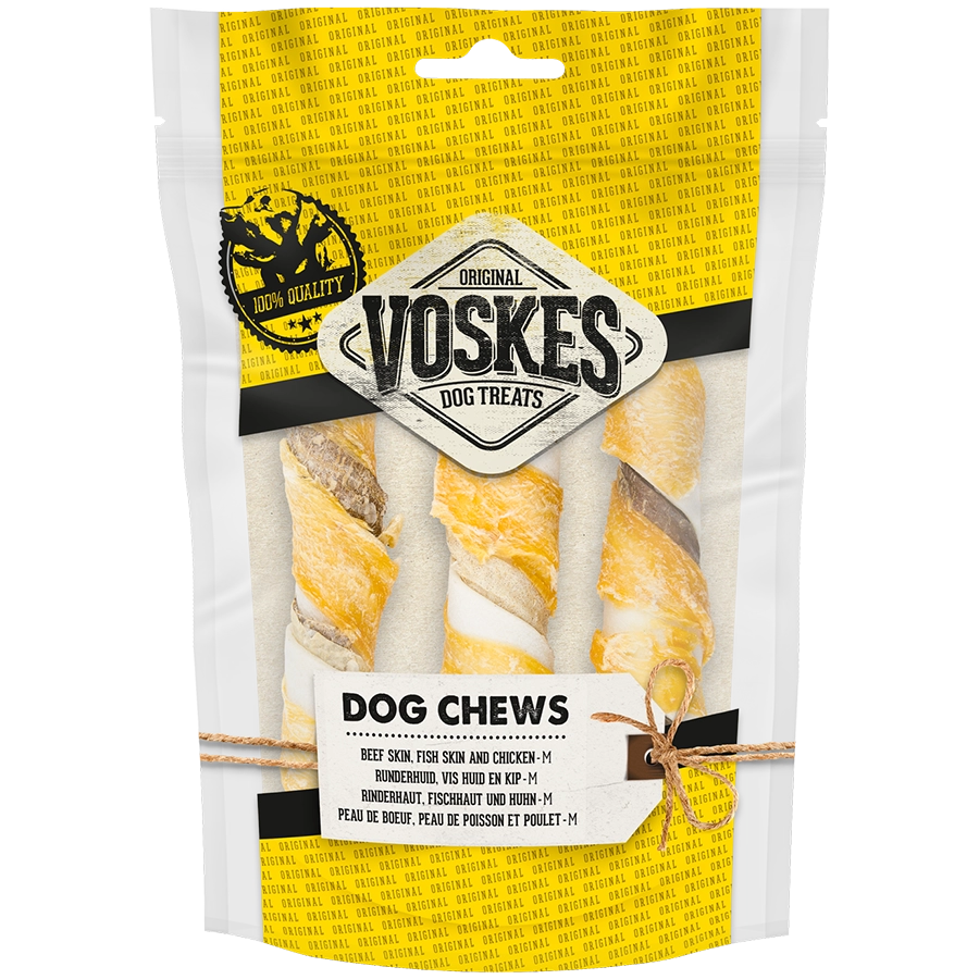 RUNDERHUID STICKS MET VIS & KIP - 3ST | Kauwsticks hond | Voskes Treats | VOSKES