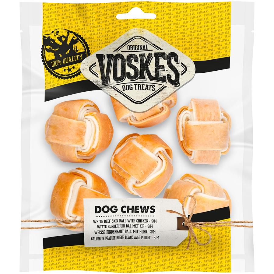 WHITE RAWHIDE BALL WITH CHICKEN - 6PCS | Gedroogde hondensnack | Voskes Treats | VOSKES