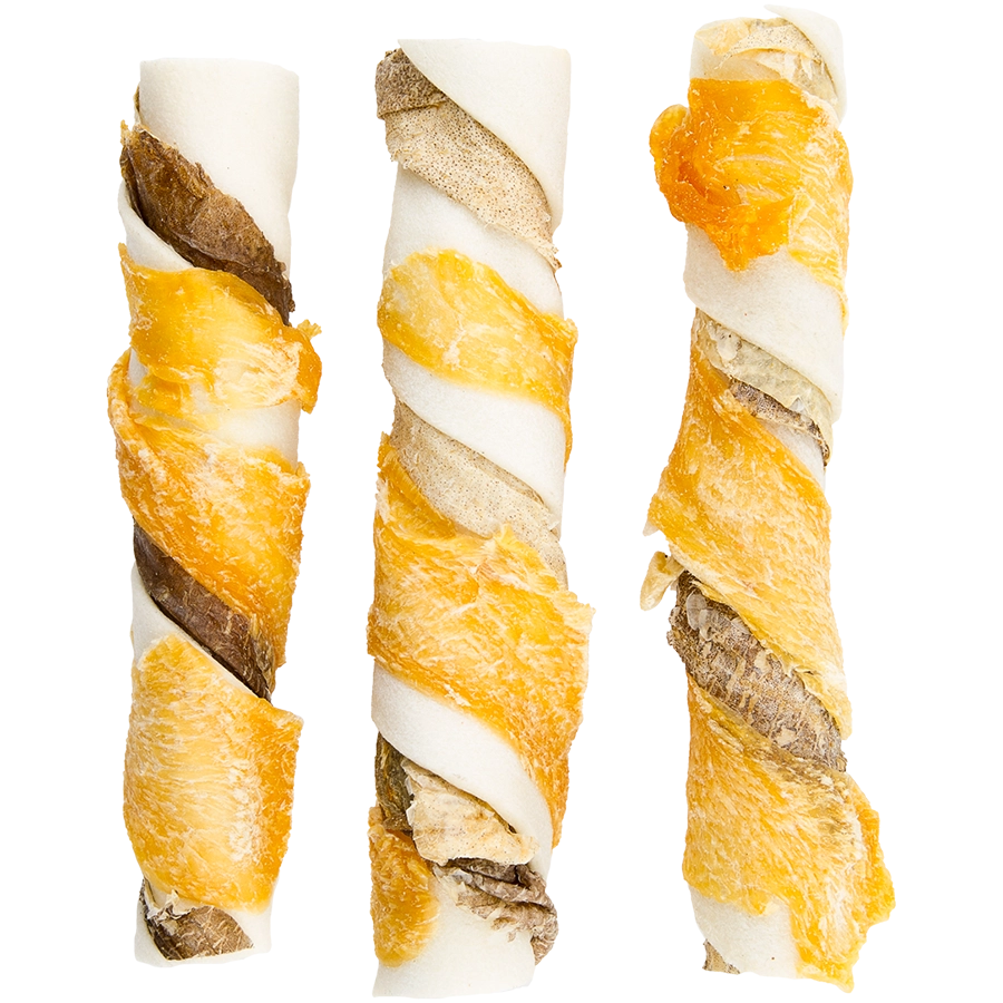 RUNDERHUID STICKS MET VIS & KIP - 3ST | Kauwsticks hond | Voskes Treats | VOSKES