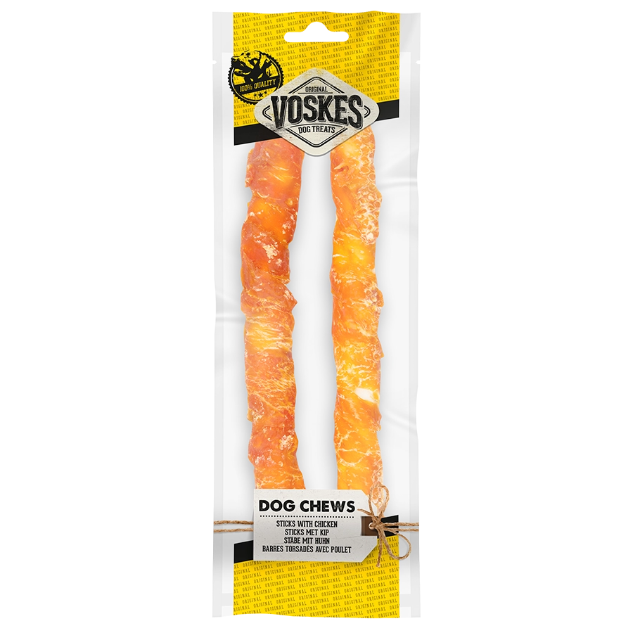BARRES TORSADÉS PEAU DE BŒUF AVEC POULET 25CM - 2PCS | Kauwsticks hond | Voskes Treats | VOSKES