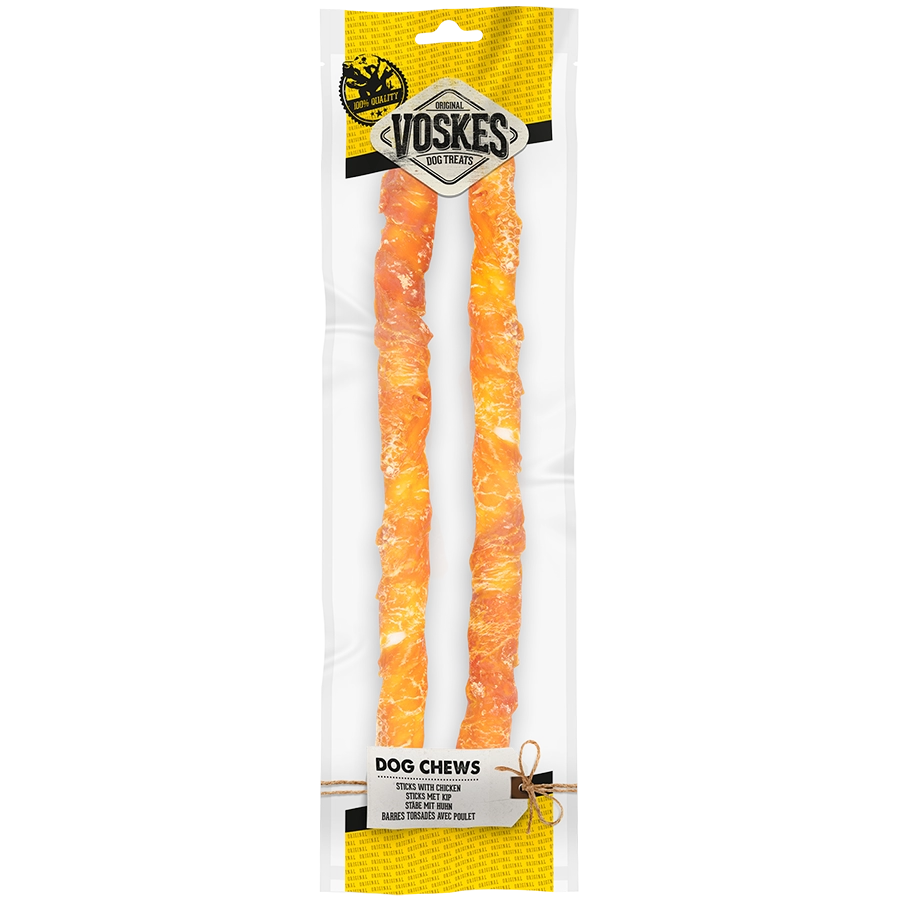 RUNDERHUID STICKS MET KIP 40CM - 2ST | Kauwsticks hond | Voskes Treats | VOSKES