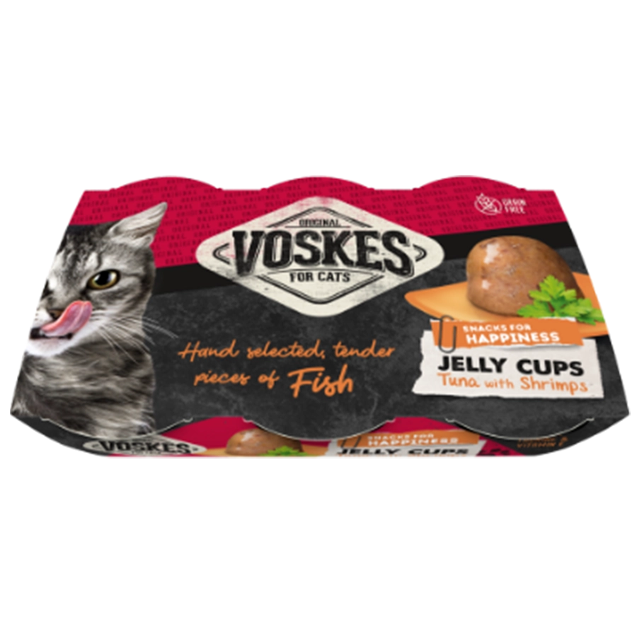 JELLY CUPS TONIJN & GARNALEN (6 X 25G) | Kattensnack met tonijn en garnaal | Voskes Treats | VOSKES