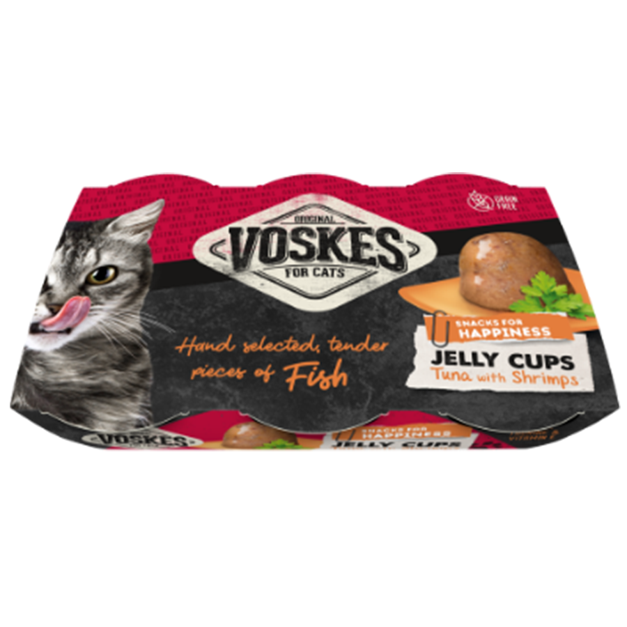 GELEE CUPS THUNFISCH & GARNELEN (6 X 25G) | Kattensnack met tonijn en garnaal | Voskes Treats | VOSKES