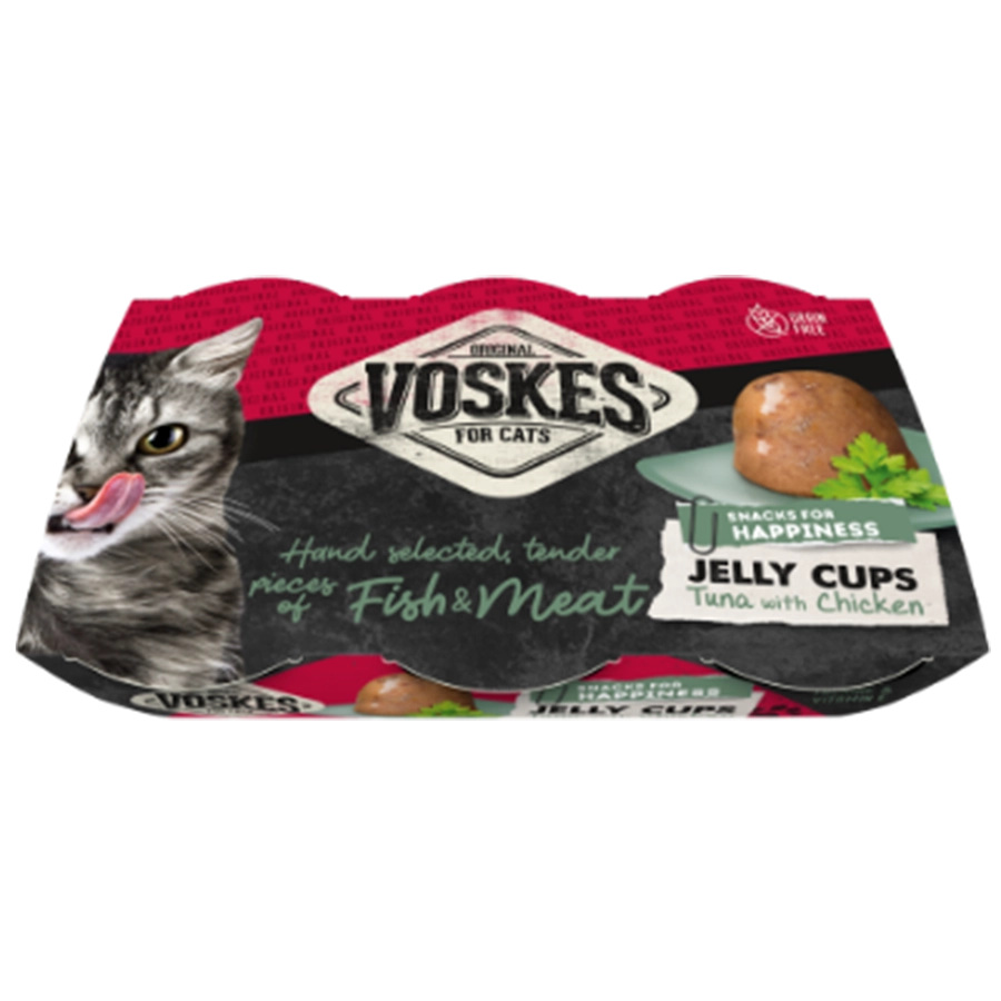 GELÉE CUPS THON & POULET (6 X 25G) | Kattensnack met tonijn en kip | Voskes Treats | VOSKES