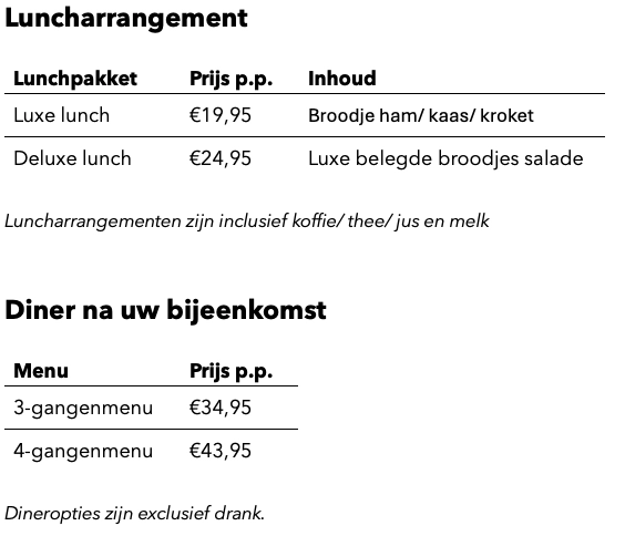 Arrangementen prijzen bij zaalhuur hotel biesbosch