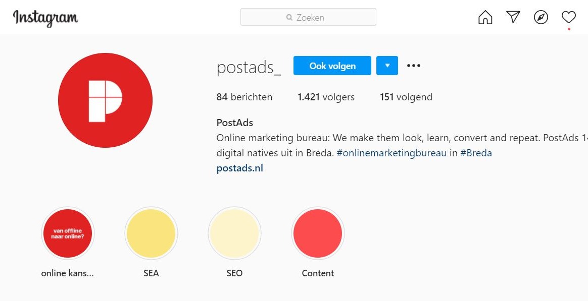 Link bedrijfsbio Instagram door PostAds social media marketing